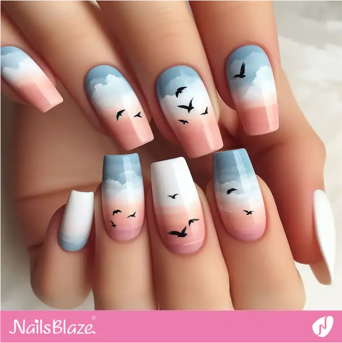 Watercolor Sky with Silhouette Birds Design | Paint Nail Art - NB2252